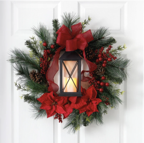 28” Poinsettia and Berry Holiday Lantern Christmas Wreath with LED Candle