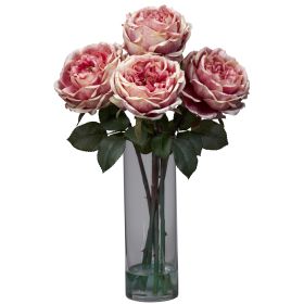 Fancy Rose w/Cylinder Vase Silk Flower Arrangement pink