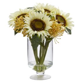 12" Sunflower & Sedum Artificial Arrangement in Vase