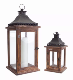 Lantern (Set of 2) 14.25"H, 23.5"H Wood/Iron/Glass