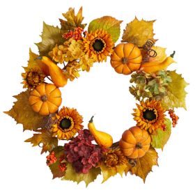 22” Autumn Hydrangea, Pumpkin and Sunflower Artificial Fall Wreath