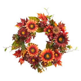 24” Autumn Sunflower, Pumpkin, Pinecone and Berries Fall Artificial Wreath