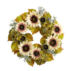 24” White Sunflower and Hydrangea Artificial Autumn Wreath