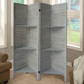 67 Inch Paulownia Wood 4 Panel Divider Screen; Shutter Design; 9 Shelves; Rustic Gray; DunaWest