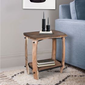 Ken 25 Inch Retro Rectangular Live Edge Acacia Wood Side End Accent Table with Bottom Shelf; Natural Brown; DunaWest