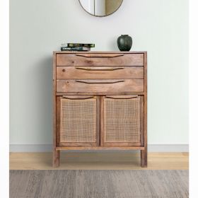 Ryan 40 Inch Cottage Mango Wood Dresser Storage Cabinet; 3 Drawers; Cane Rattan Panels Doors; Natural Brown; DunaWest