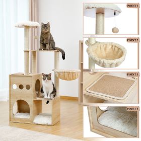 Modern Luxury Cat Tree Wooden Multi-Level Cat Tower Cat Sky Castle With 2 Cozy Condos;  Cozy Perch;  Spacious Hammock