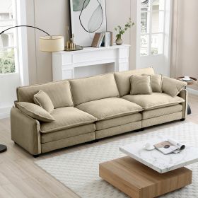 Mid-Century Modern 3-Seater Sectional Sofa with 2 Arm Pillows and 3 Throw Pillows,Tan Corduroy Fabric