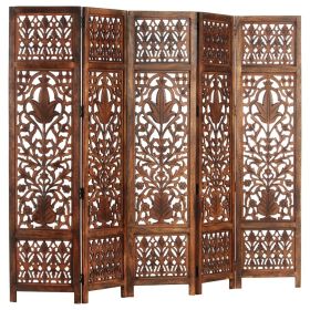 Hand Carved 5-Panel Room Divider Brown 78.7"x65" Solid Mango Wood