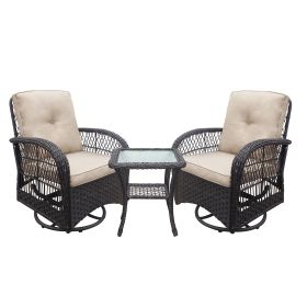 360-Degree Patio Wicker Swivel Rocker Chairs Set;  Outdoor Rattan Rocking Bistro Sets with Cushions and Table; Dark Brown