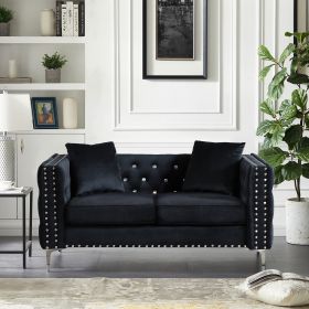 59.4 Inch Wide Black Velvet Sofa with Jeweled buttons; Square Arm ; 2 Pillows