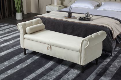 Velvet Multifunctional Storage Rectangular Sofa Stool Buttons Tufted Nailhead Trimmed Solid Wood Legs with 1 Pillow; Beige