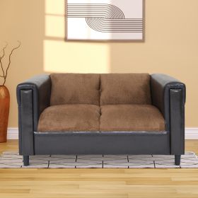 Brown Chenille and Faux Leather Loveseat Sofa for Living Room