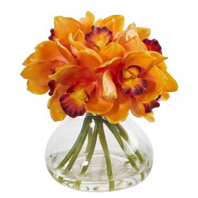 8" Cymbidium Orchid Artificial Arrangement in Glass Vase (Color: Orange)