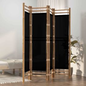 Folding 4-Panel Room Divider 63" Bamboo and Canvas (Color: Black)